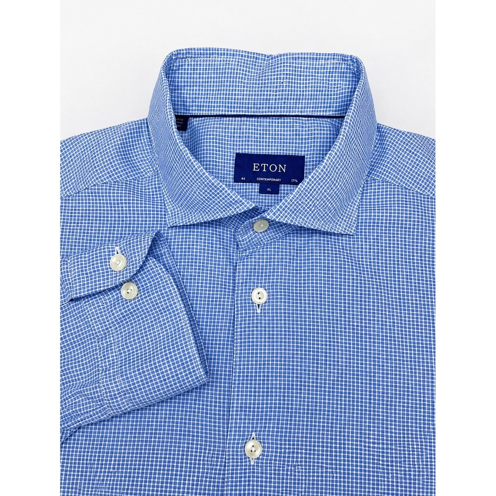 Eton Dress Shirt Mens XL 17.5-44 Blue Check Light Weight Flannel 100% Cotton